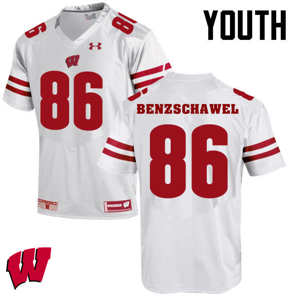 Youth Wisconsin Badgers #90 Luke Benzschawel College Football Jerseys-White - Click Image to Close